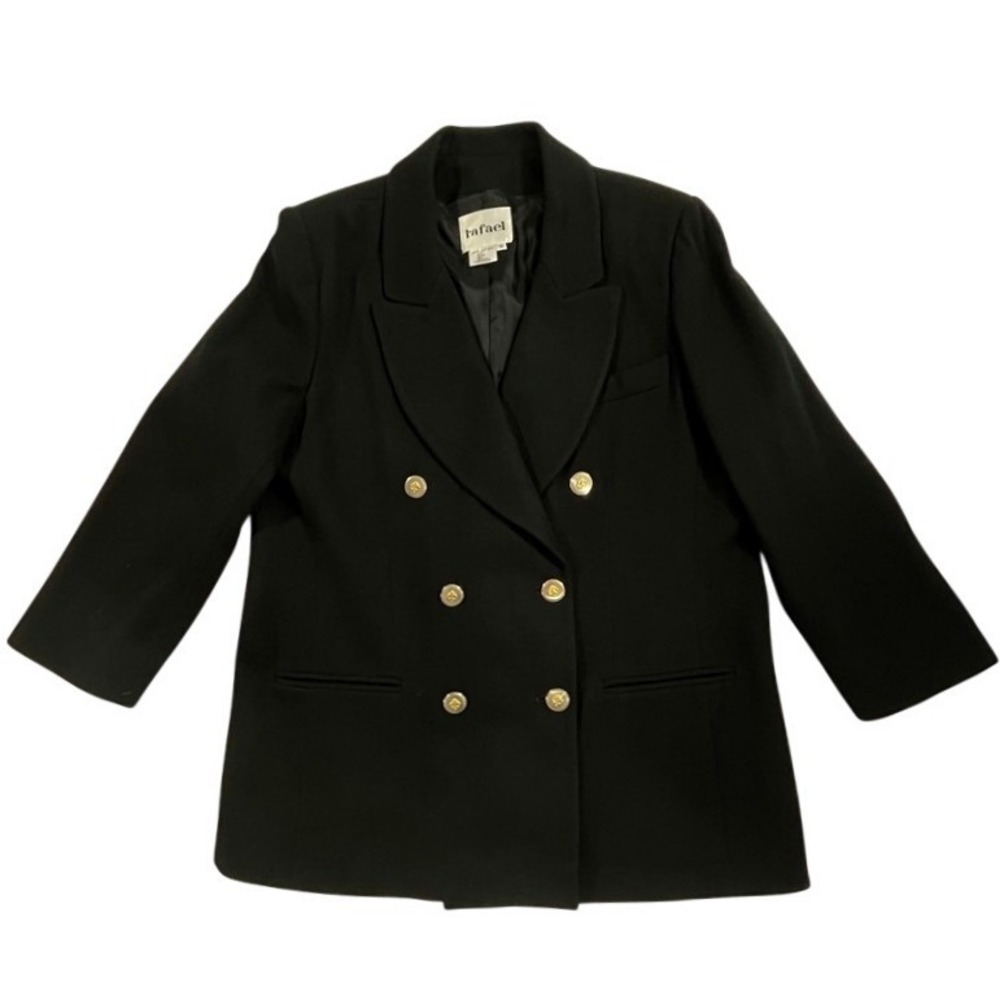 Vintage 90s Rafael 18 Black Wool Blazer Gold Buttons Double Breasted Longline